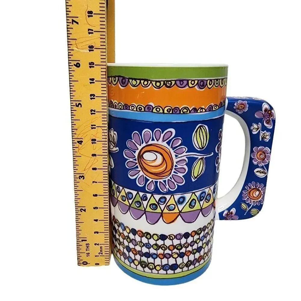 Pier 1 Imports Coffee Mugs, Artisan Boho Floral Print Tall Ceramic Drinking Cup
